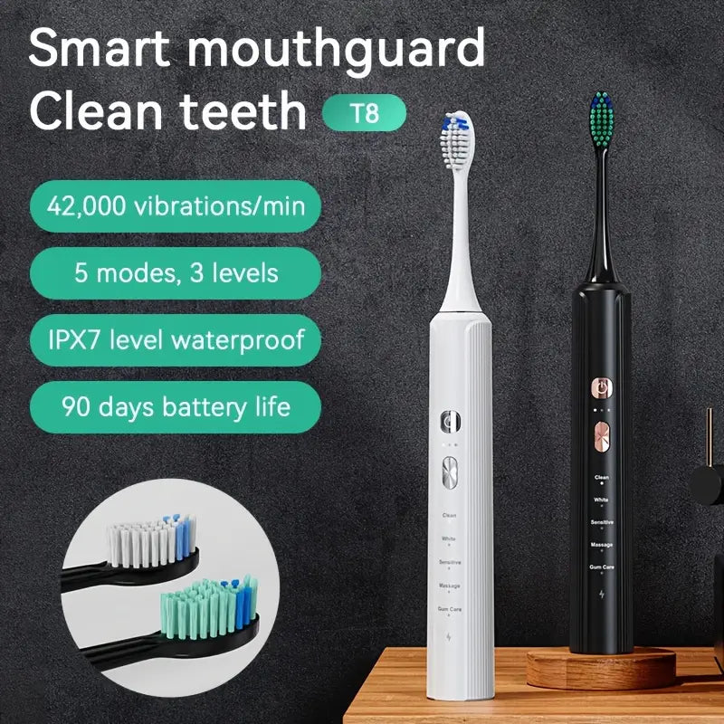 Smart Electric Toothbrush with Pressure Sensor – 6 Brush Heads, 5 Cleaning Modes, 90-Day Charge, USB Rechargeable