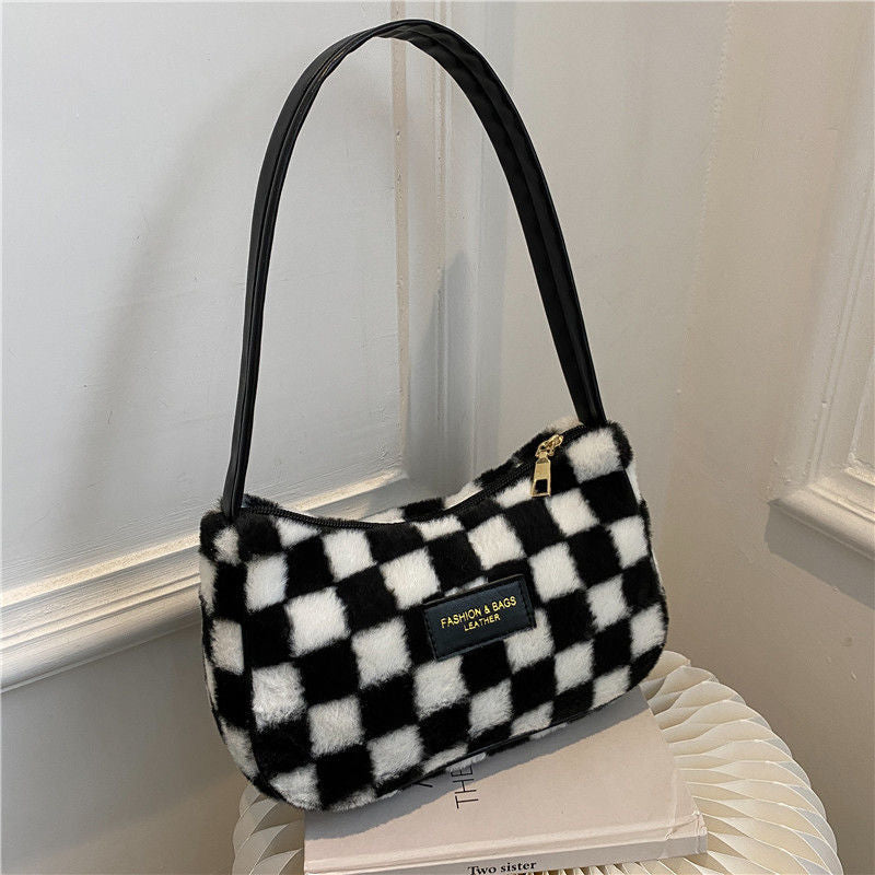 Niche Design Fashion Plush Plaid Underarm Bag For Women