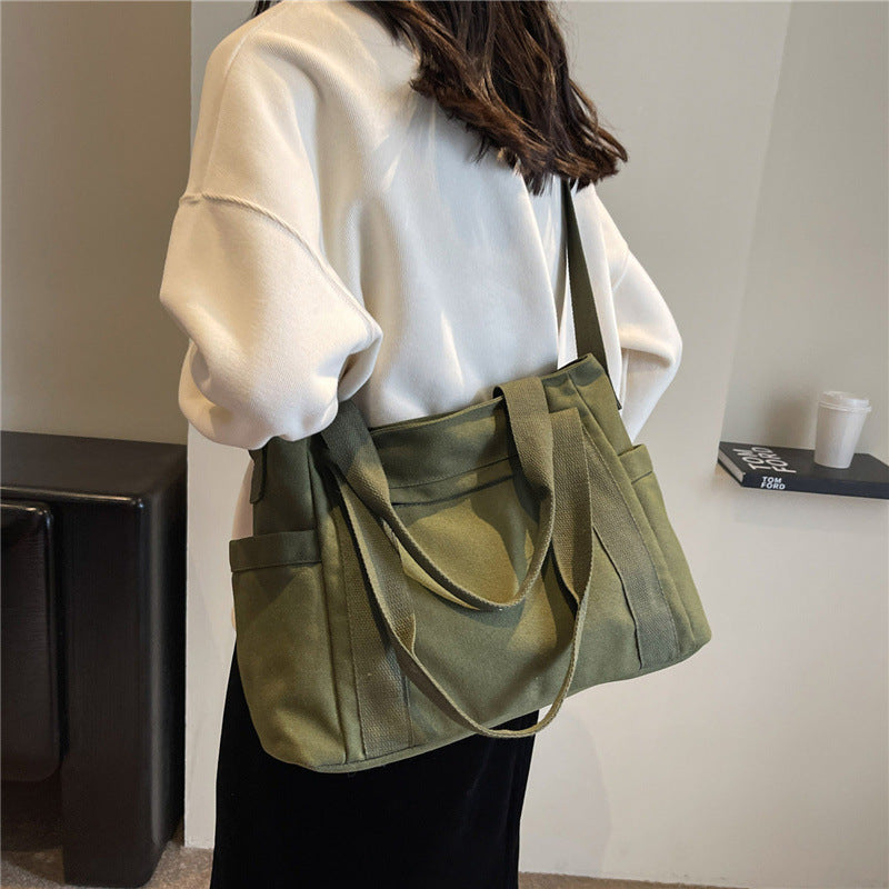 Large Capacity Shoulder Canvas Solid Color Bag For Women